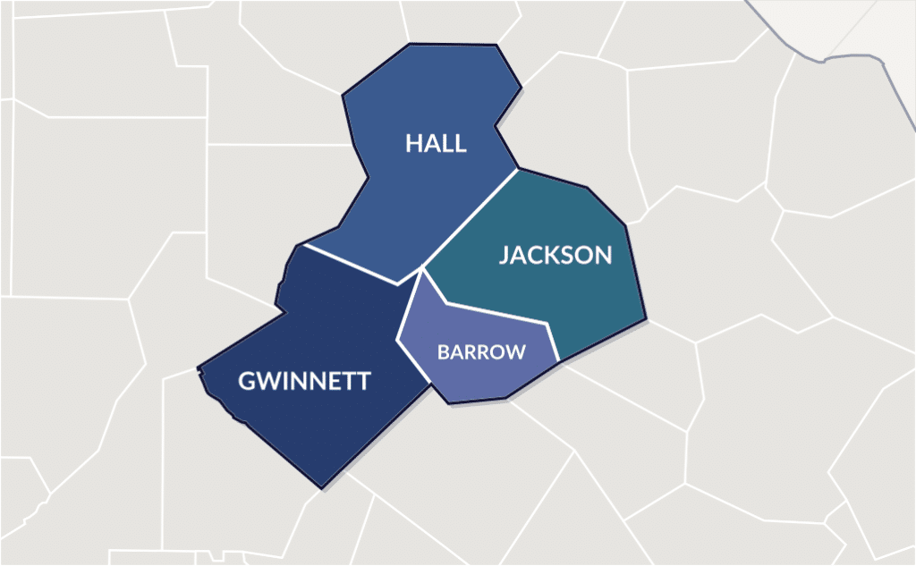 Map of Barrow, Gwinnett, Hall, and Jackson Counties served by Lankford & Moore Law.